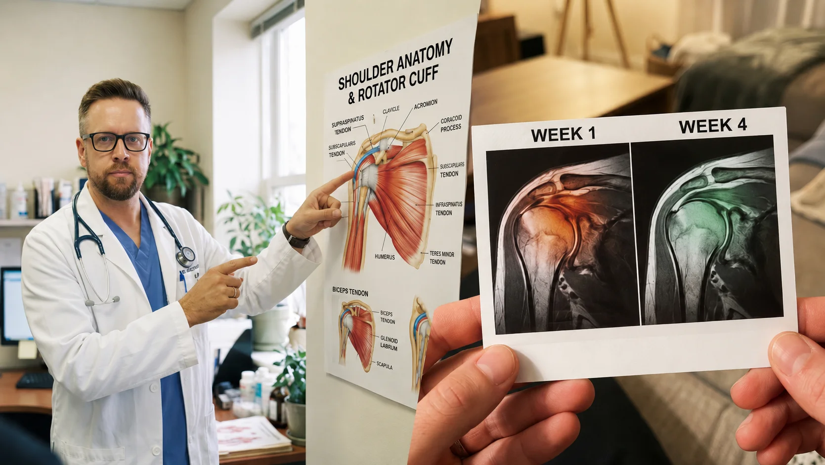 Therapist explains shoulder muscle anatomy alongside a day 1 vs. day 30 comparison